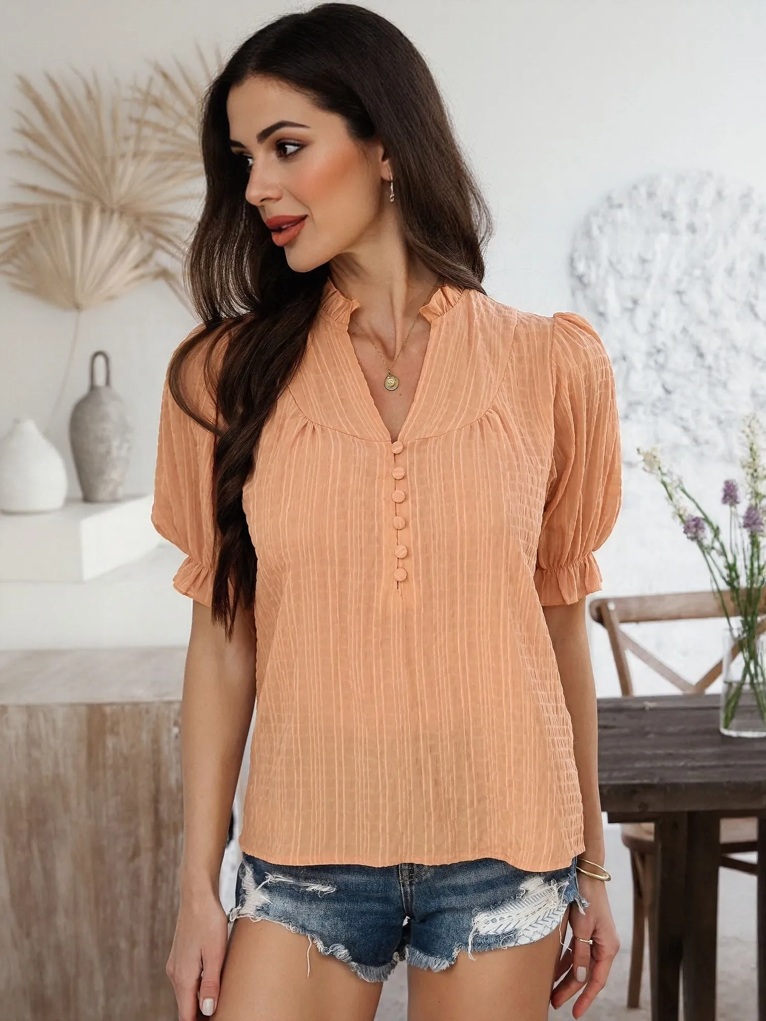 Orange Peasant Top With Button Detail