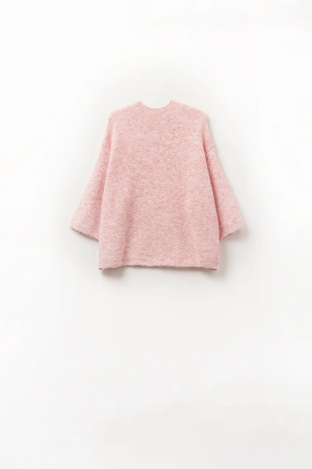 Pink Fluffy sweater with three-quarter sleeves and round neck