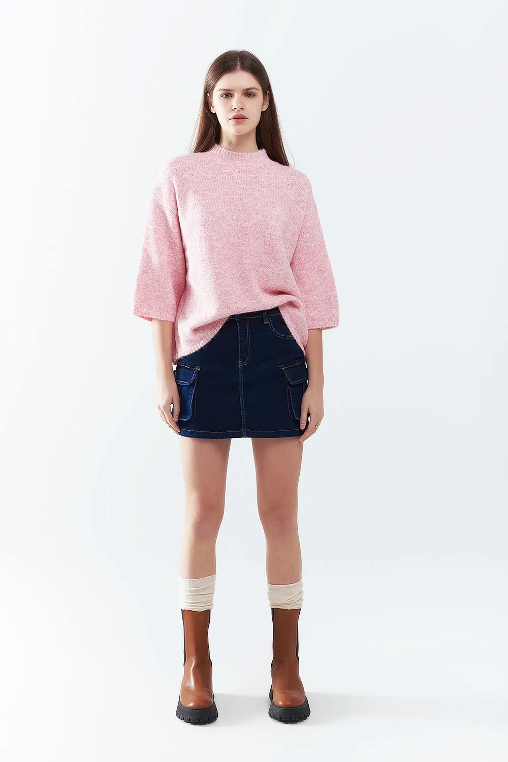 Pink Fluffy sweater with three-quarter sleeves and round neck