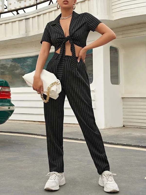 Pinstripe Short Sleeve Crop Blouse