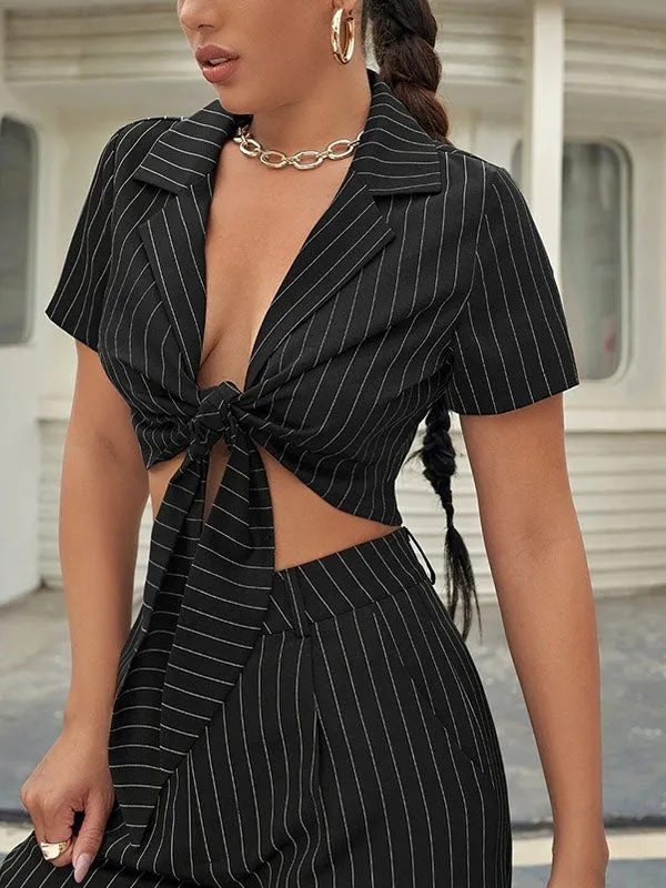 Pinstripe Short Sleeve Crop Blouse