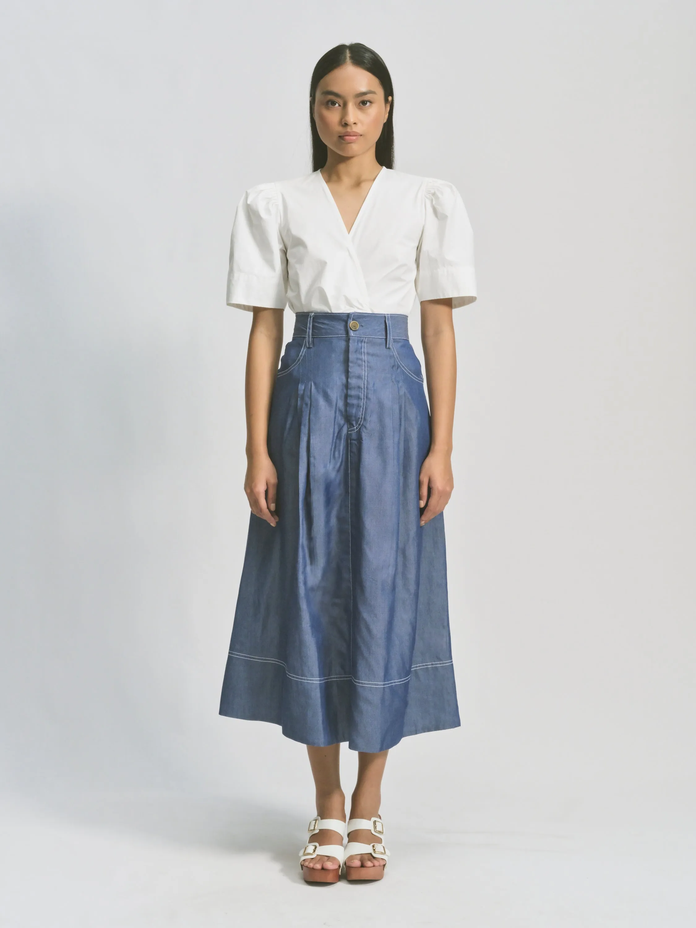 PLEATED DENIM SKIRT