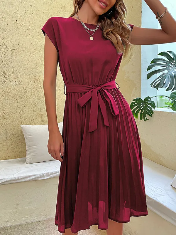 Pleated Midi Dress with Belted Waist and Round Neck