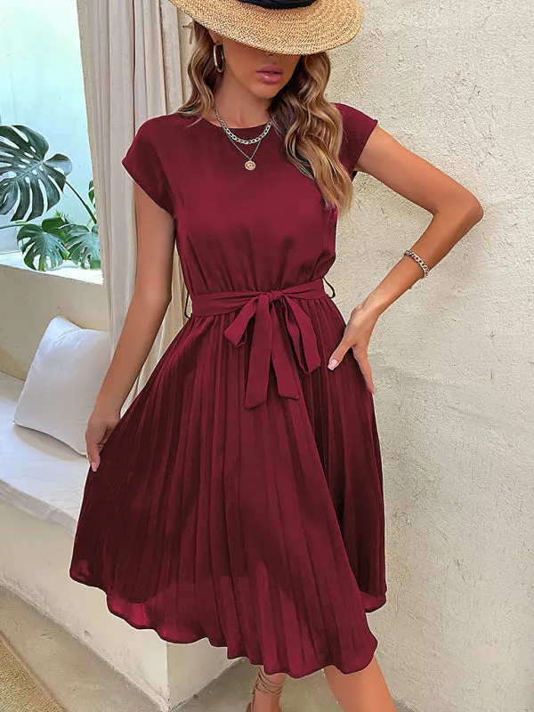 Pleated Midi Dress with Belted Waist and Round Neck