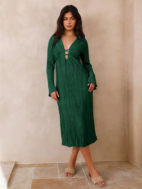 Pleated Midi Dress with Lace-Up Front and Bell Sleeves