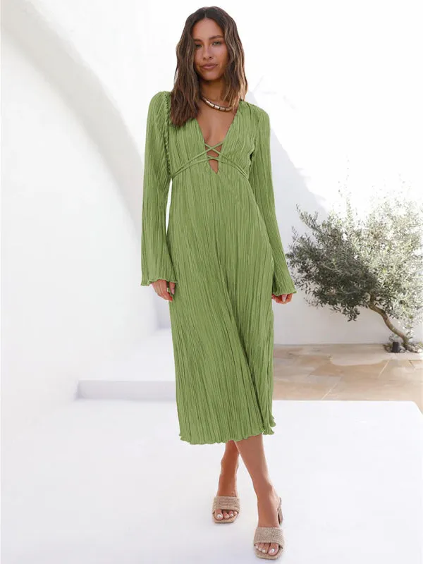 Pleated Midi Dress with Lace-Up Front and Bell Sleeves