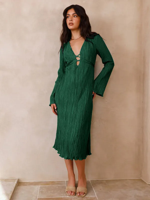 Pleated Midi Dress with Lace-Up Front and Bell Sleeves