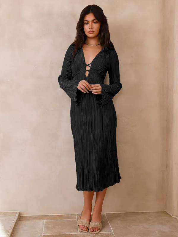 Pleated Midi Dress with Lace-Up Front and Bell Sleeves