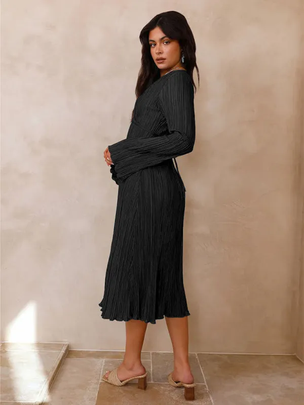 Pleated Midi Dress with Lace-Up Front and Bell Sleeves