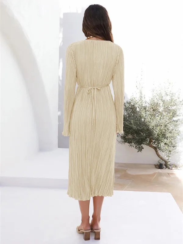 Pleated Midi Dress with Lace-Up Front and Bell Sleeves