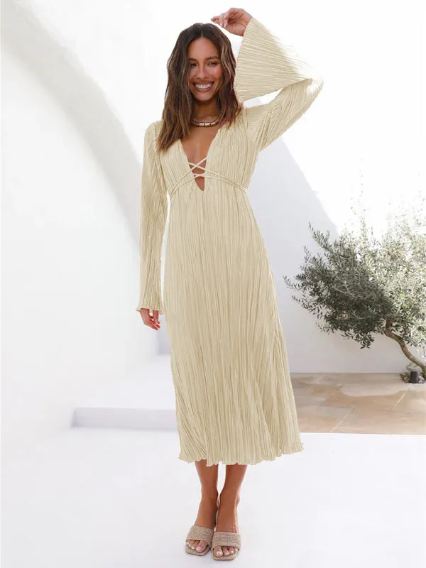 Pleated Midi Dress with Lace-Up Front and Bell Sleeves