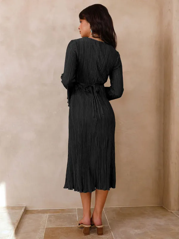 Pleated Midi Dress with Lace-Up Front and Bell Sleeves