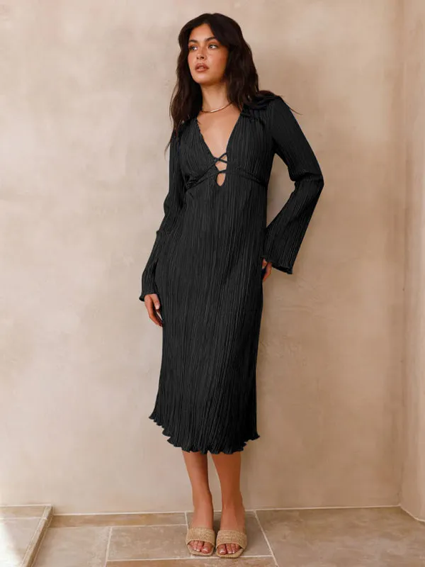 Pleated Midi Dress with Lace-Up Front and Bell Sleeves