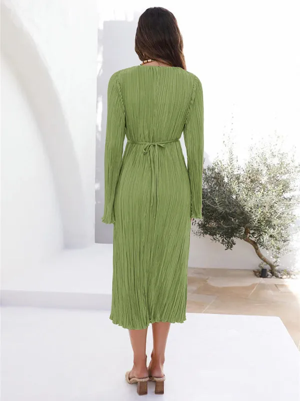 Pleated Midi Dress with Lace-Up Front and Bell Sleeves