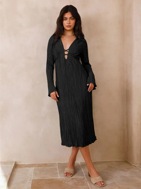Pleated Midi Dress with Lace-Up Front and Bell Sleeves
