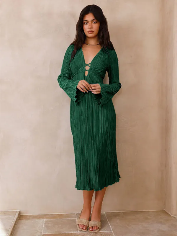 Pleated Midi Dress with Lace-Up Front and Bell Sleeves