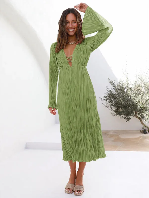 Pleated Midi Dress with Lace-Up Front and Bell Sleeves
