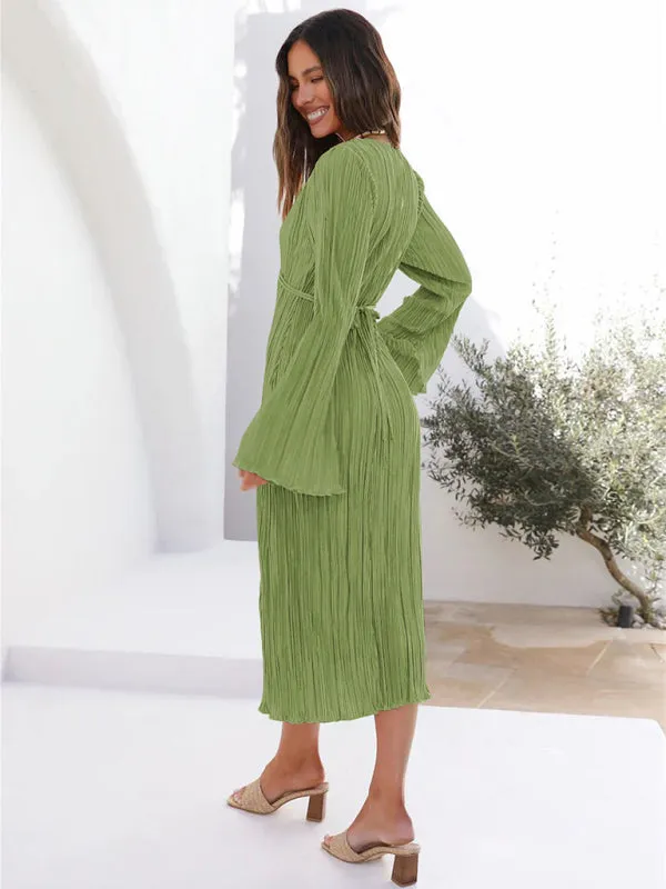 Pleated Midi Dress with Lace-Up Front and Bell Sleeves