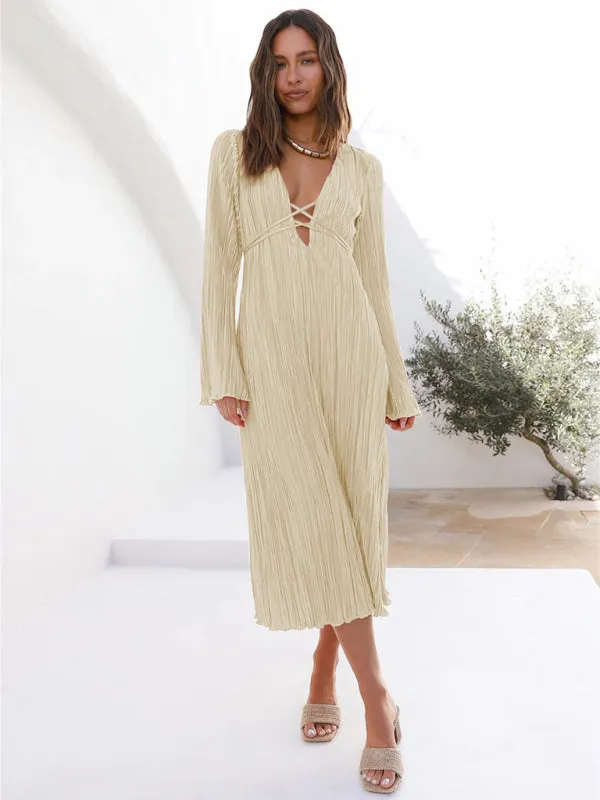 Pleated Midi Dress with Lace-Up Front and Bell Sleeves