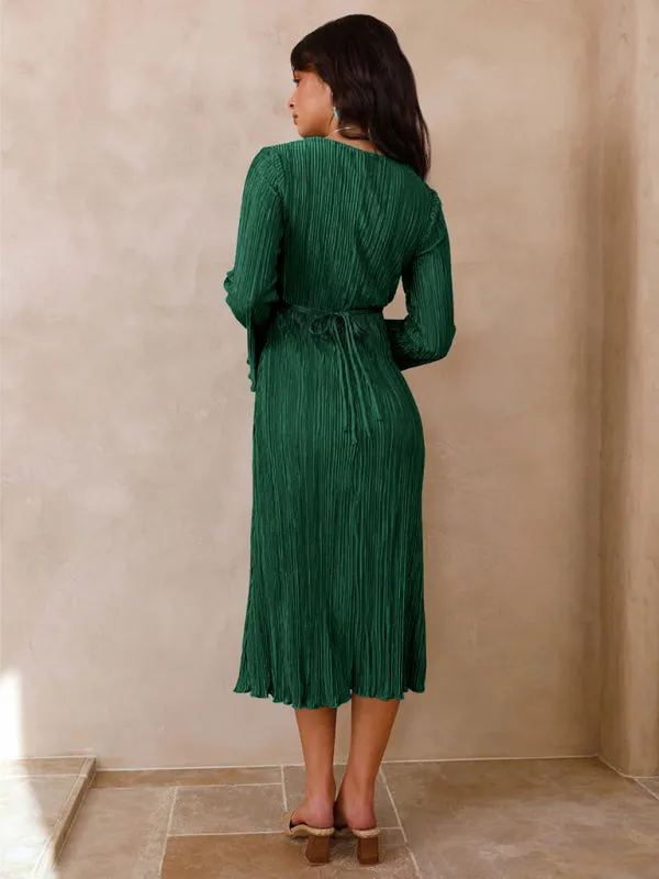 Pleated Midi Dress with Lace-Up Front and Bell Sleeves