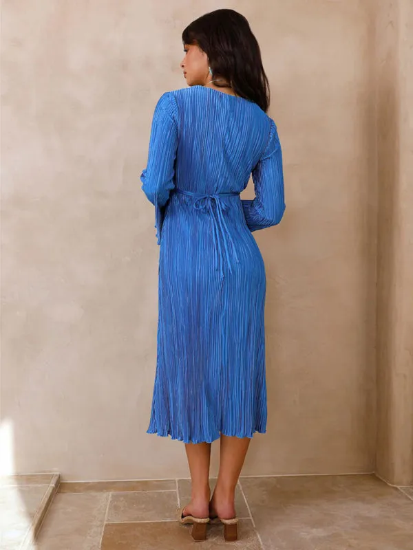Pleated Midi Dress with Lace-Up Front and Bell Sleeves
