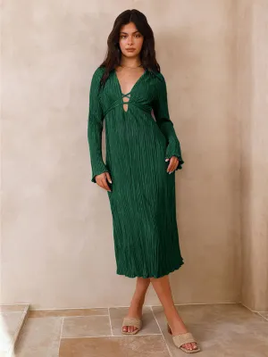 Pleated Midi Dress with Lace-Up Front and Bell Sleeves