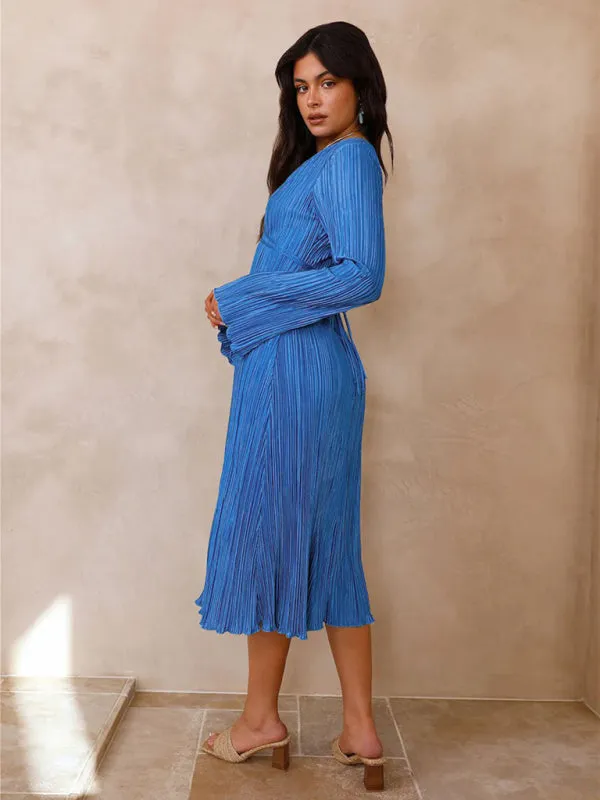 Pleated Midi Dress with Lace-Up Front and Bell Sleeves