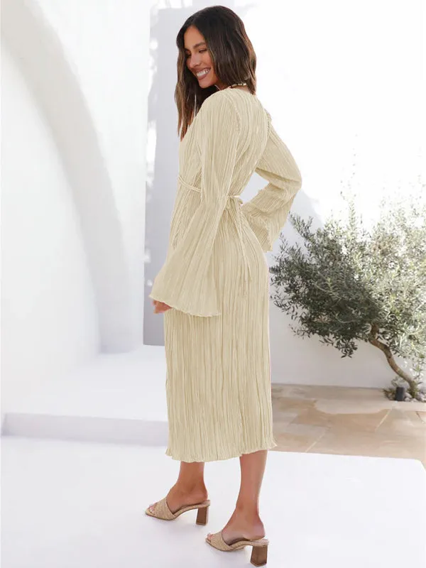Pleated Midi Dress with Lace-Up Front and Bell Sleeves