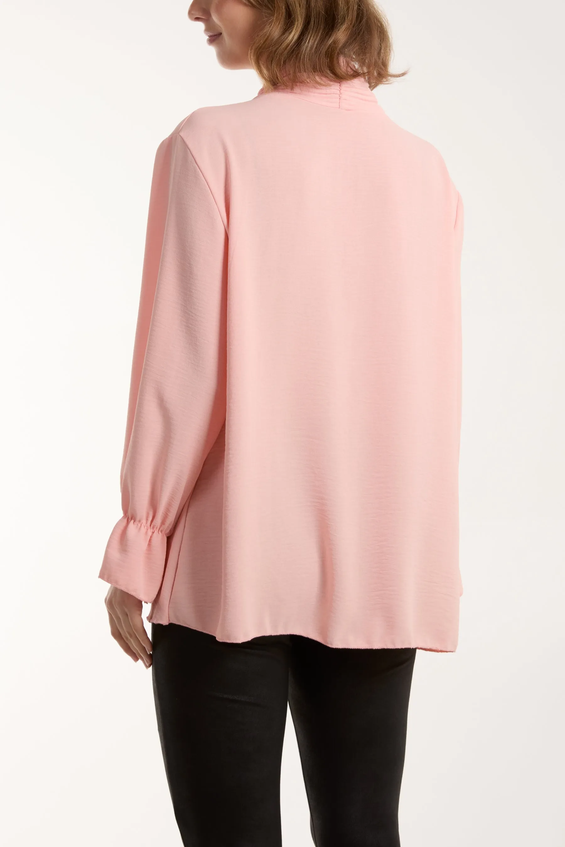 Pleated Tie Neck Bell Sleeve Blouse