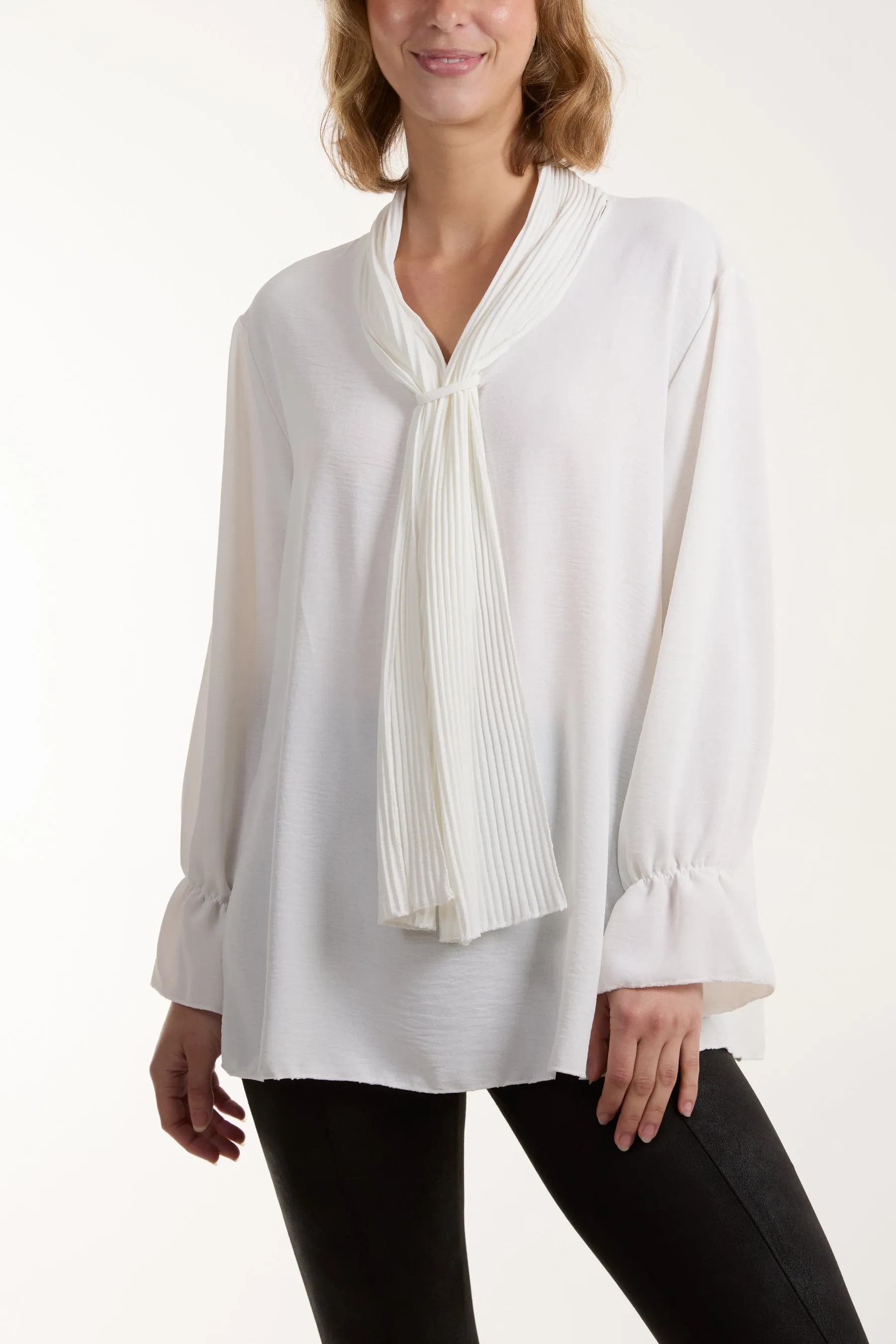 Pleated Tie Neck Bell Sleeve Blouse