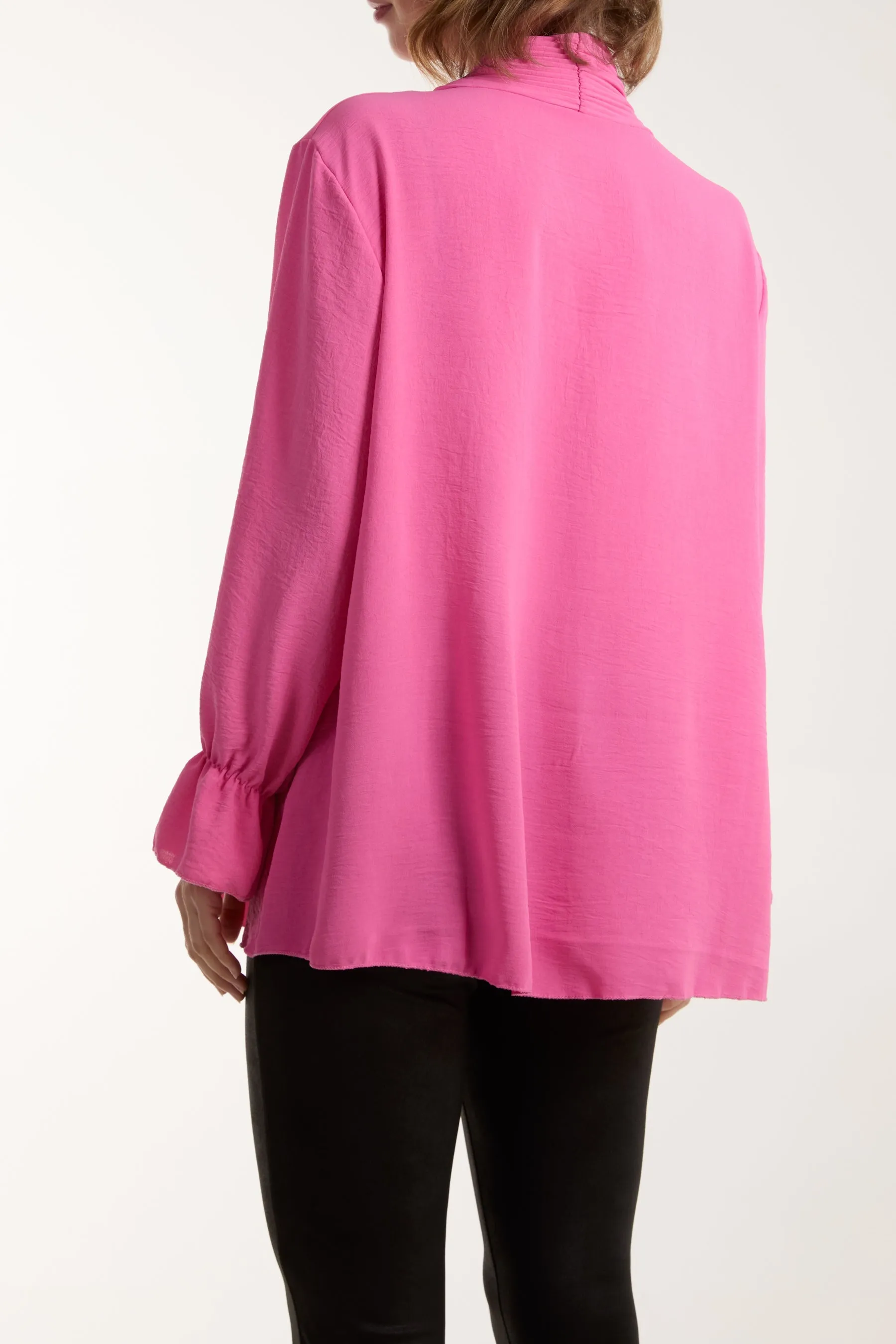 Pleated Tie Neck Bell Sleeve Blouse
