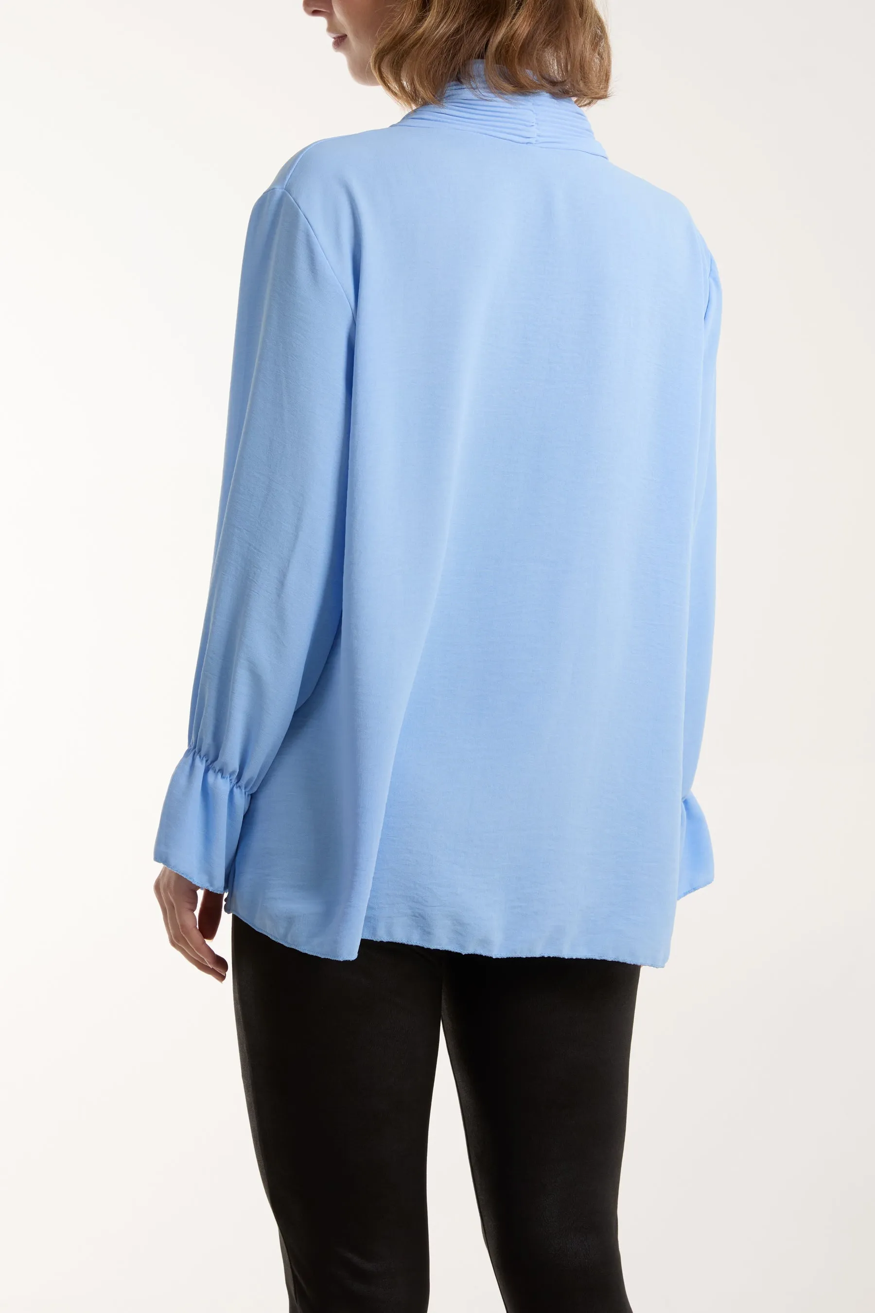 Pleated Tie Neck Bell Sleeve Blouse