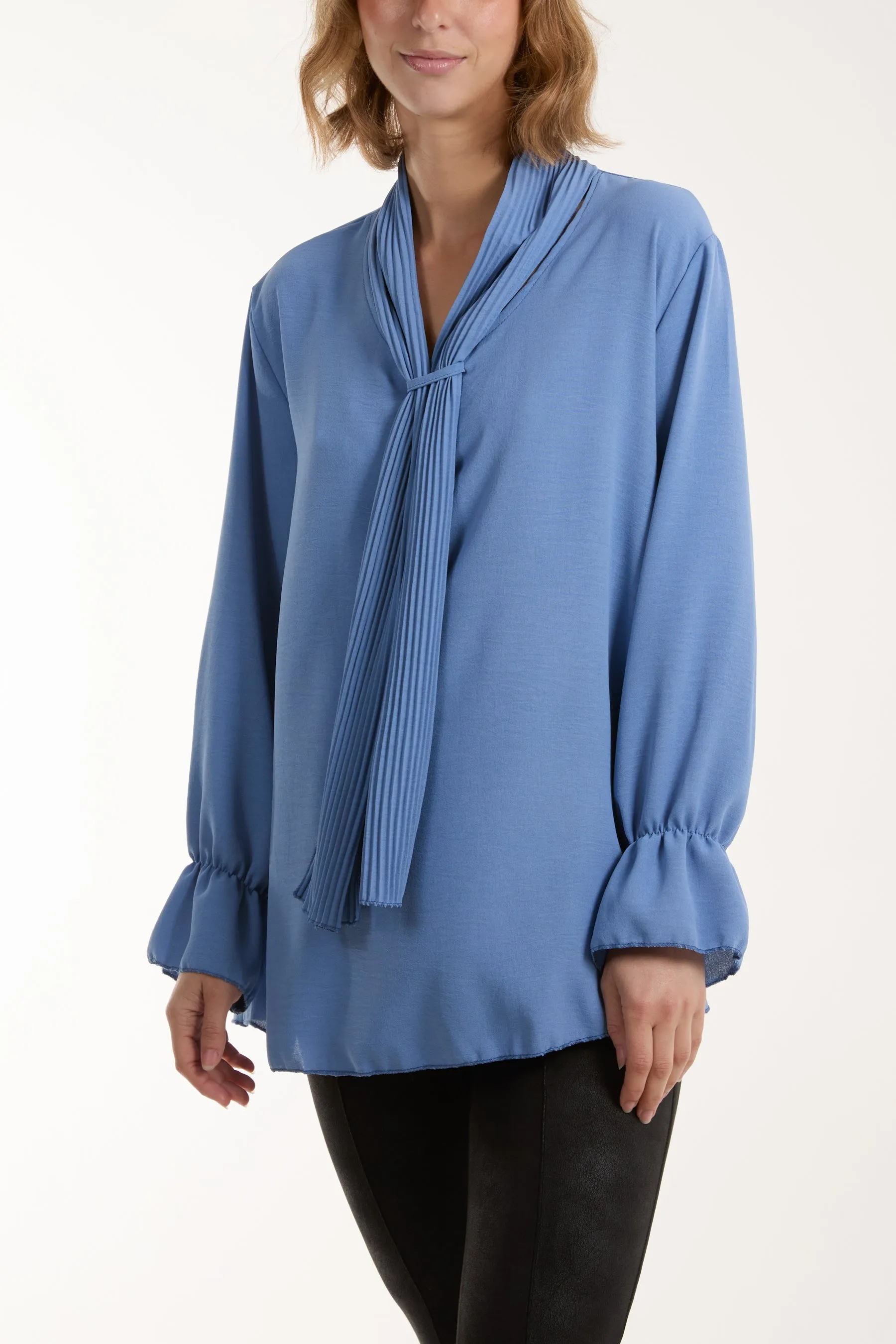 Pleated Tie Neck Bell Sleeve Blouse