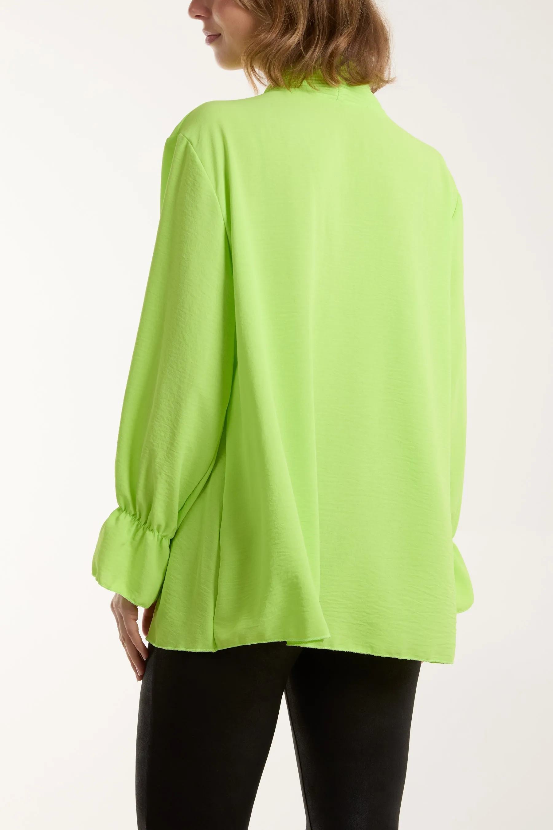 Pleated Tie Neck Bell Sleeve Blouse