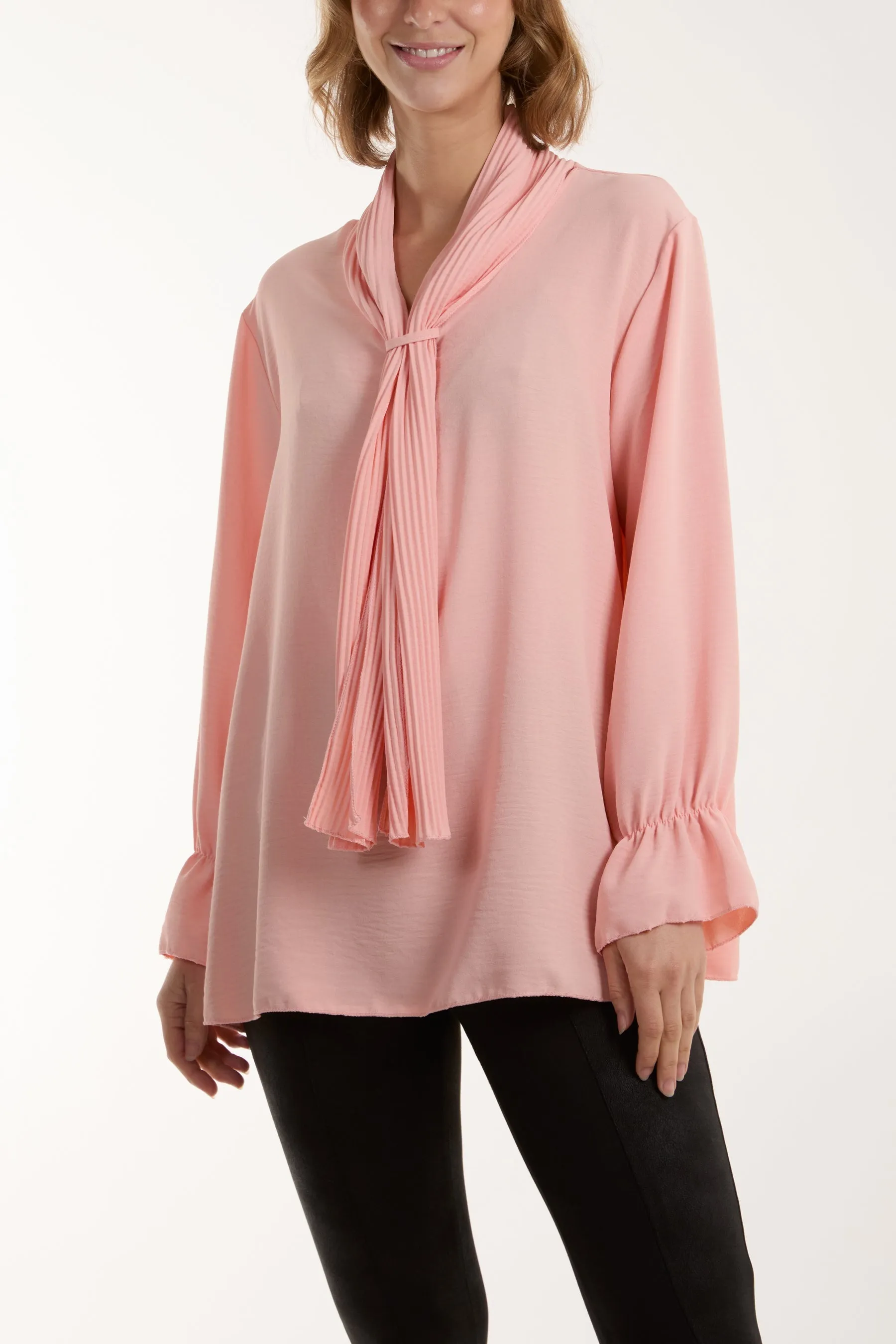 Pleated Tie Neck Bell Sleeve Blouse