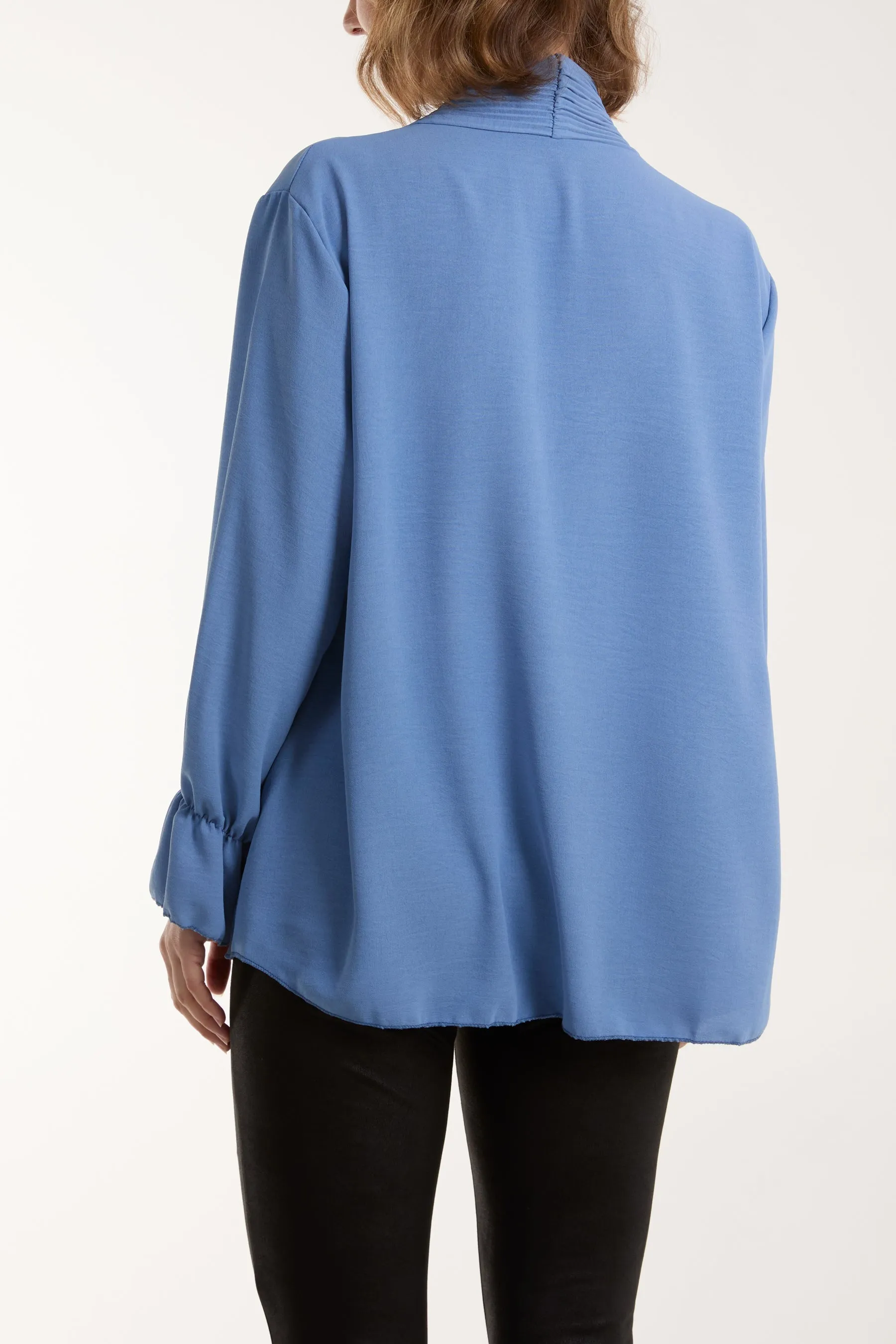 Pleated Tie Neck Bell Sleeve Blouse