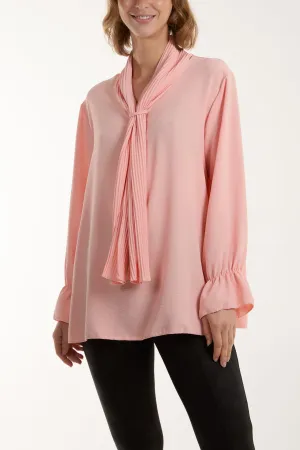 Pleated Tie Neck Bell Sleeve Blouse