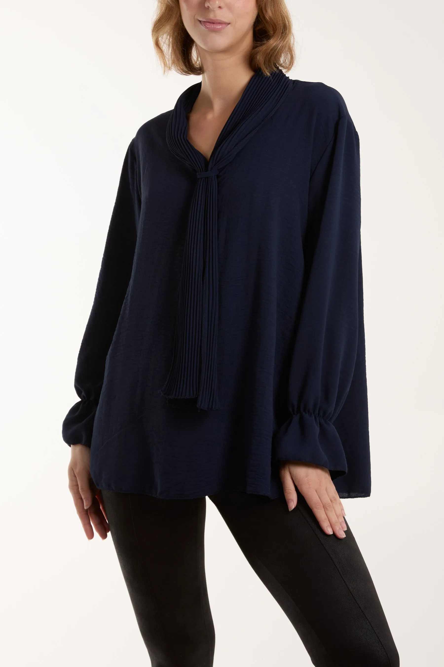 Pleated Tie Neck Bell Sleeve Blouse