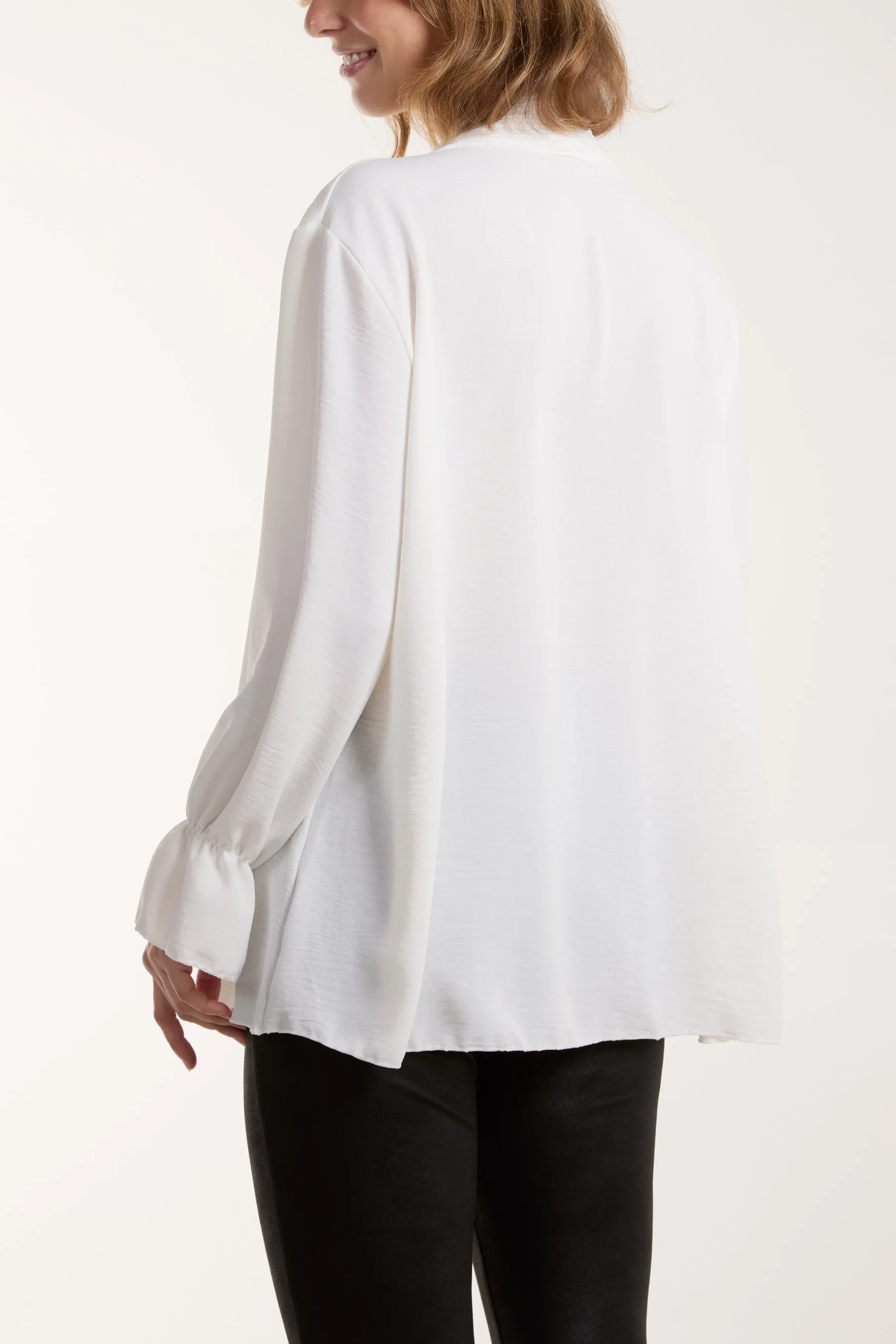 Pleated Tie Neck Bell Sleeve Blouse