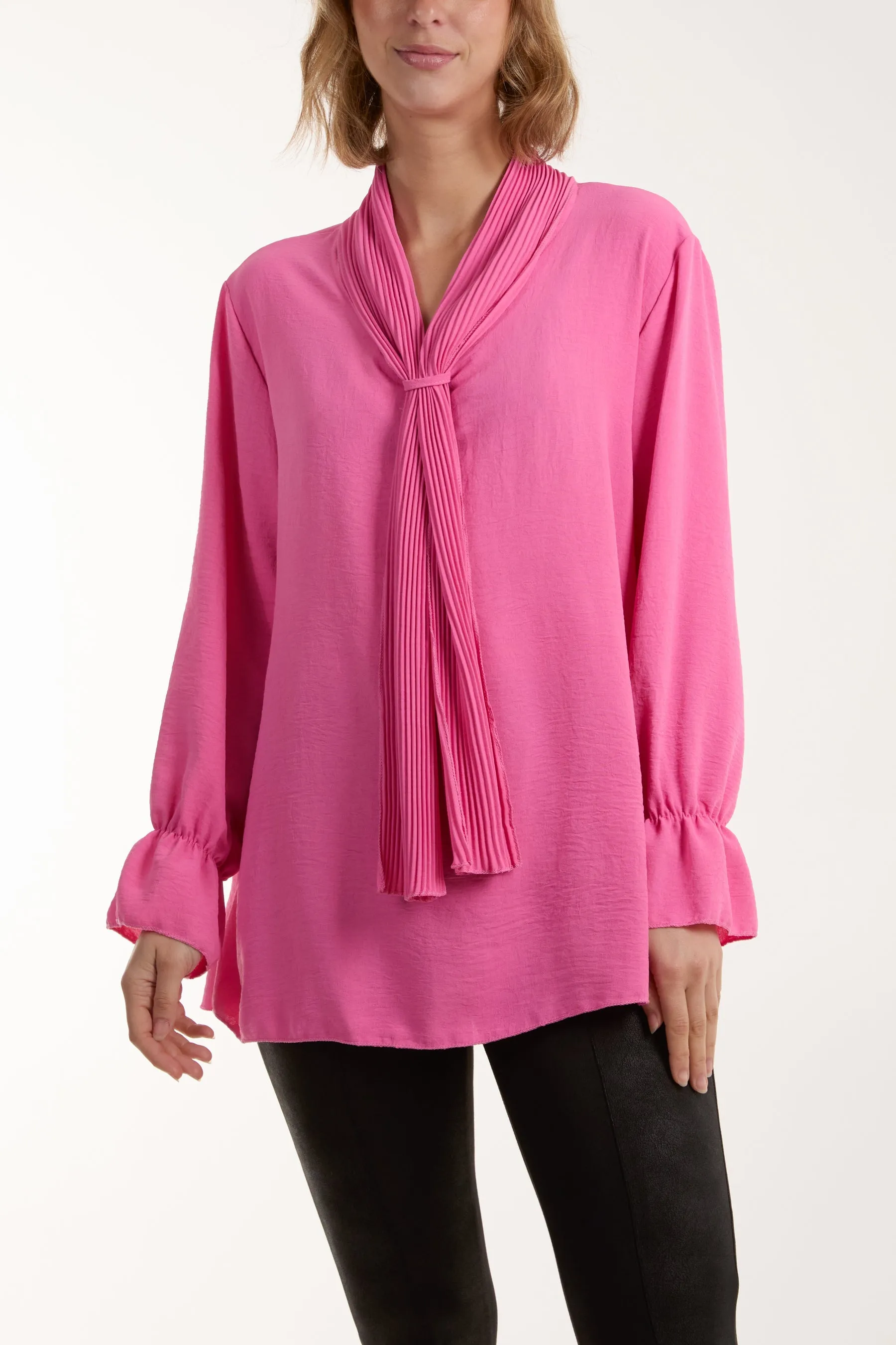 Pleated Tie Neck Bell Sleeve Blouse