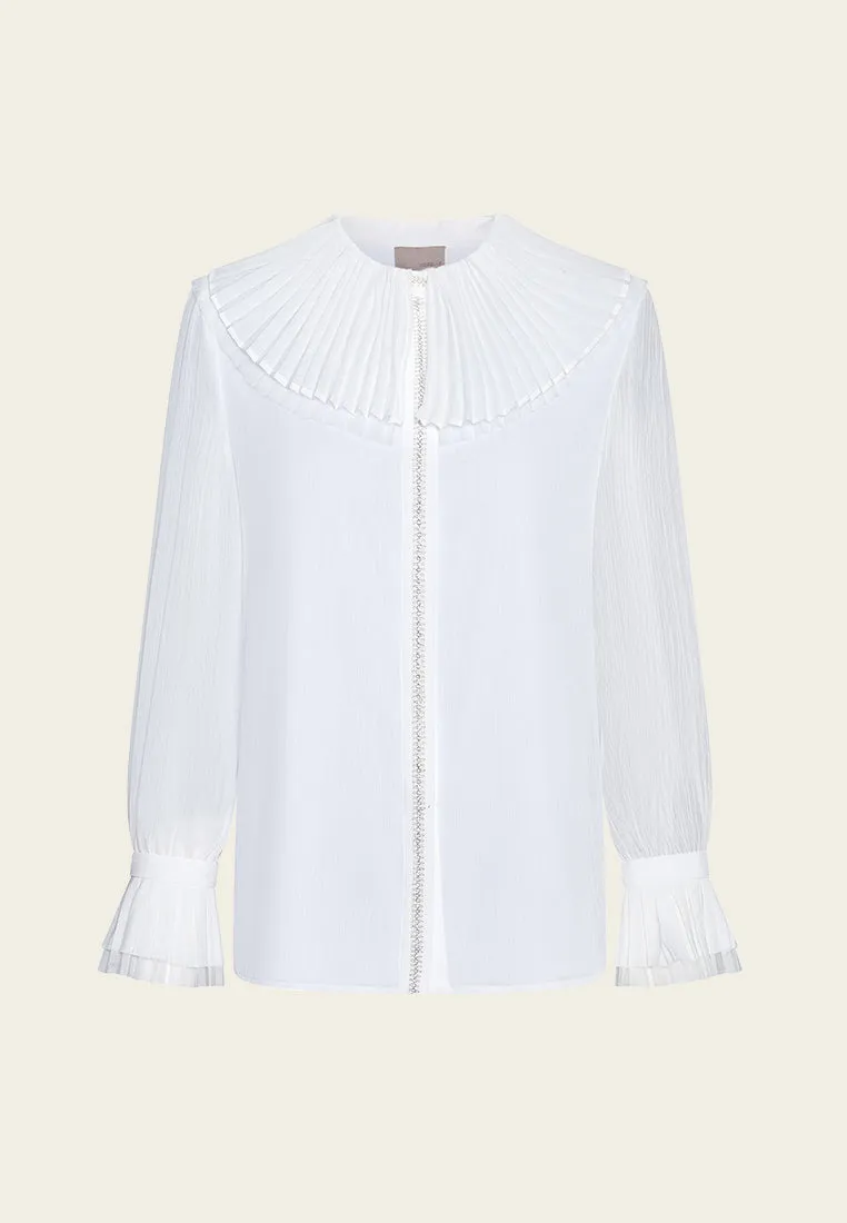 Pleated-trim Concealed-button Chiffon Blouse