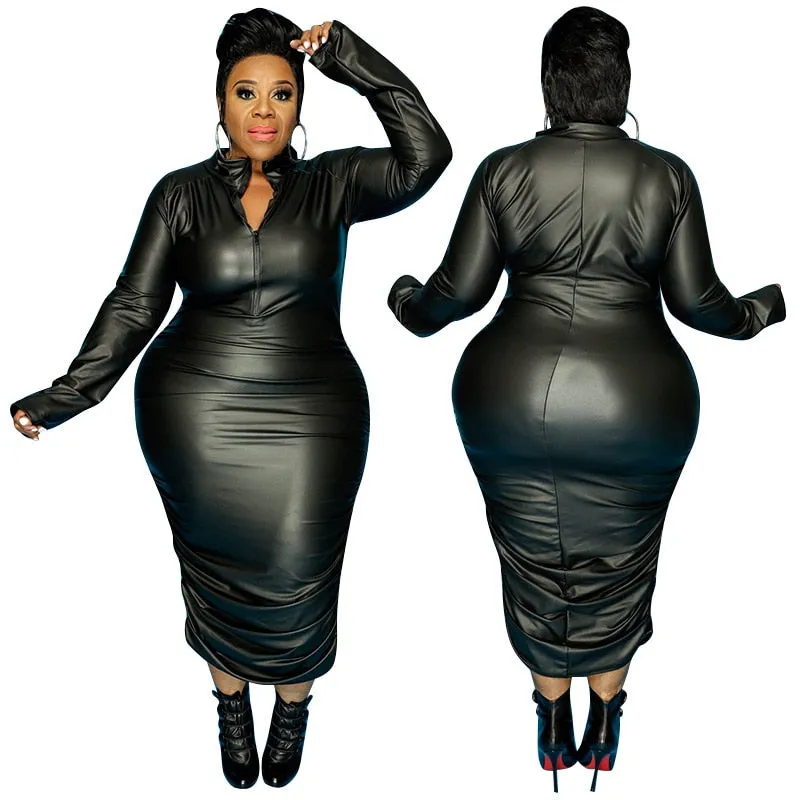 Plus Size PU Leather Midi Dress