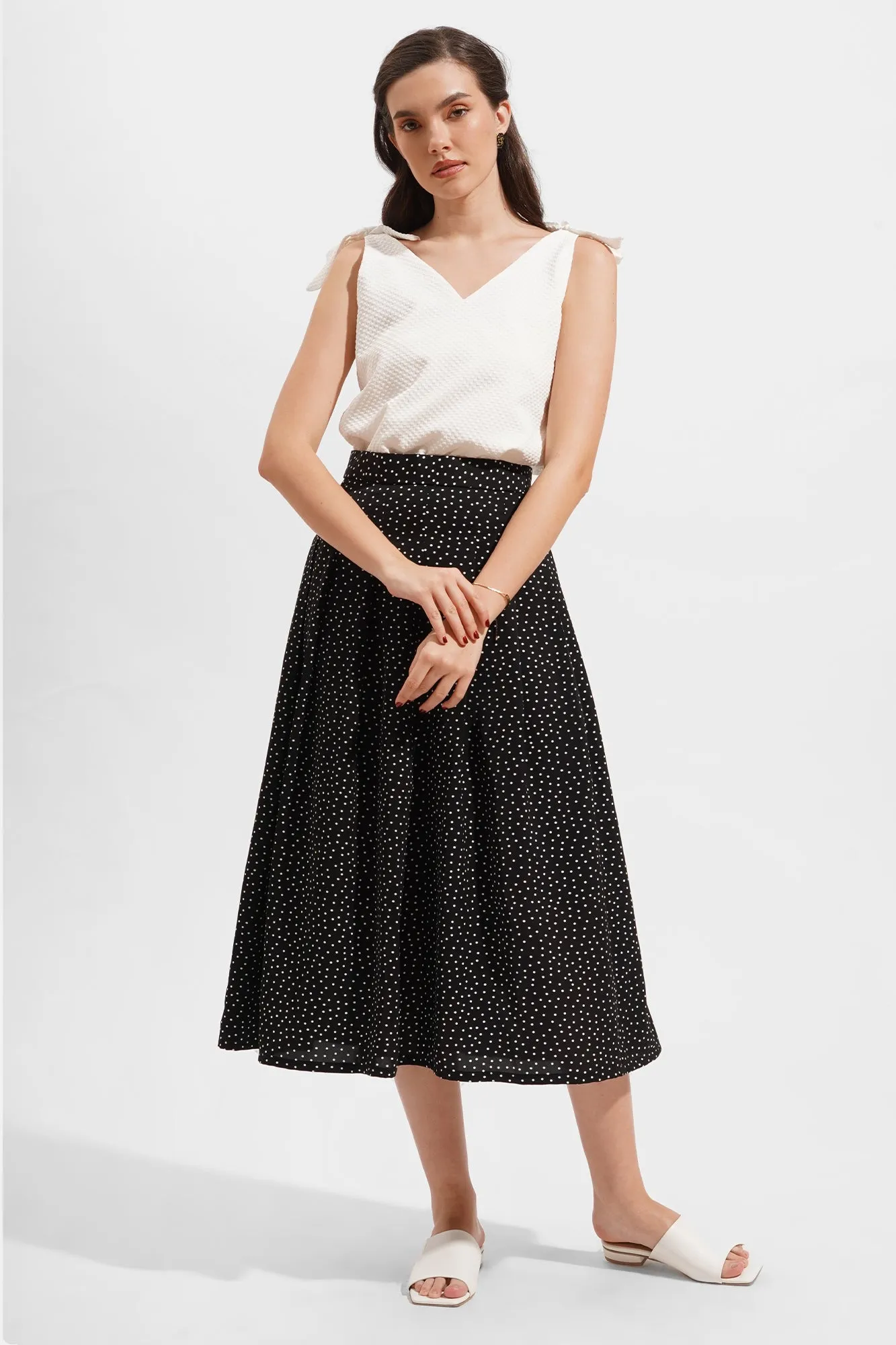 Polka Dots Pleated Midi Skirt