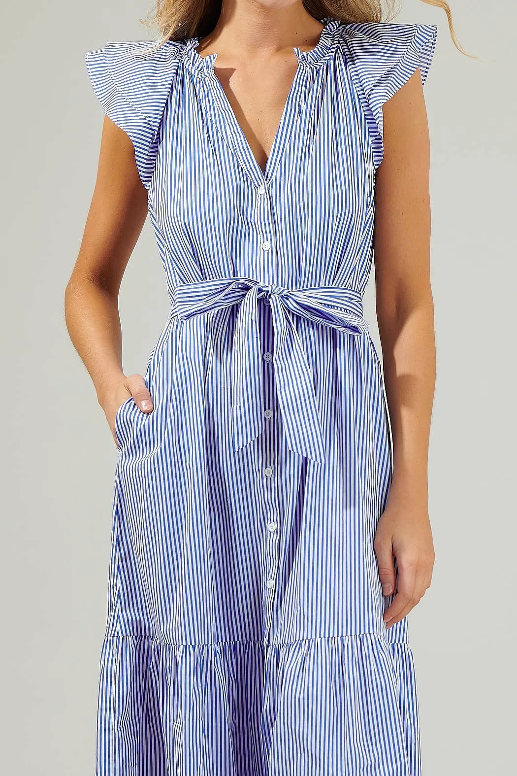 *PREORDER*Dynamite Stripped Button Midi Dress: Blue & White
