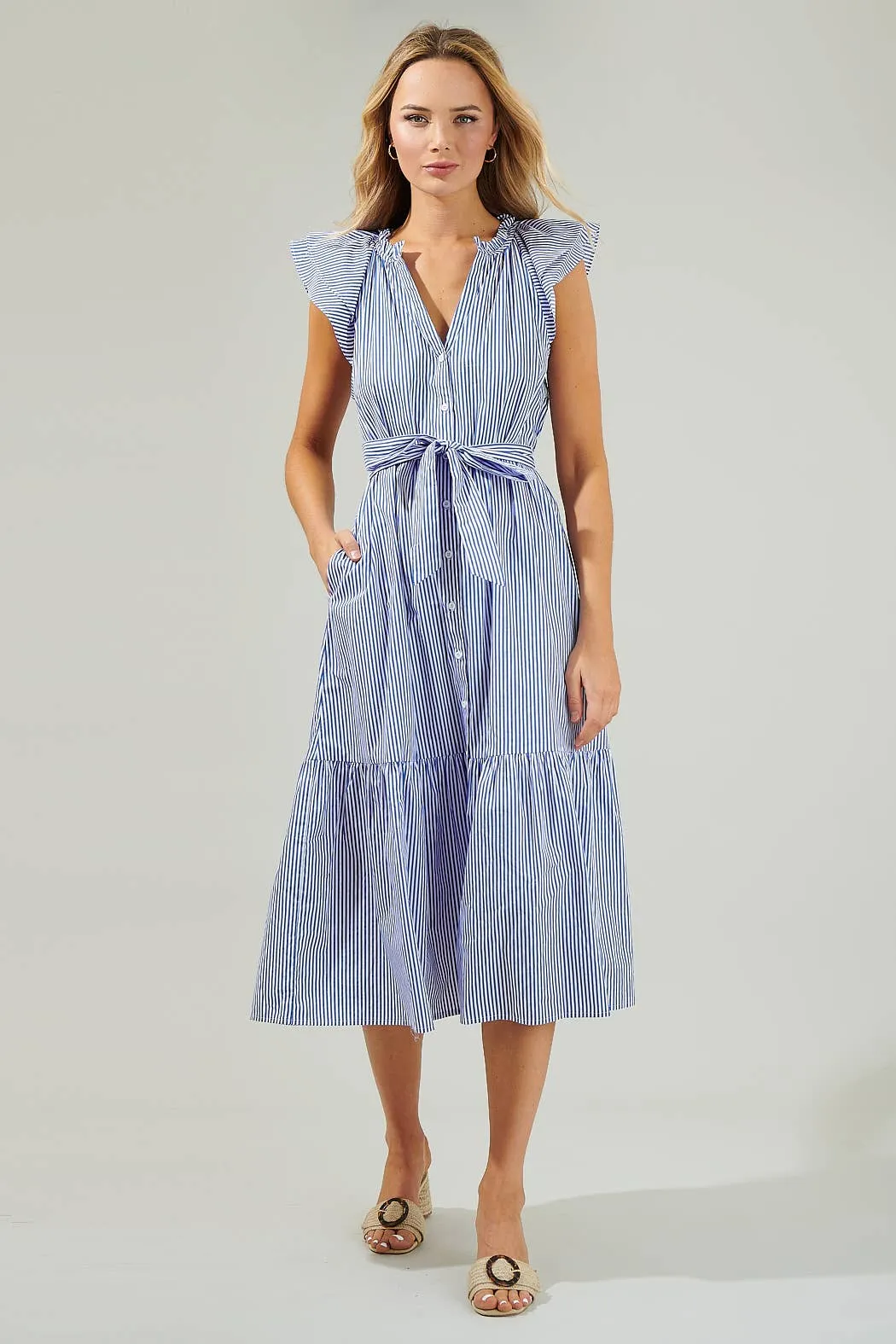 *PREORDER*Dynamite Stripped Button Midi Dress: Blue & White