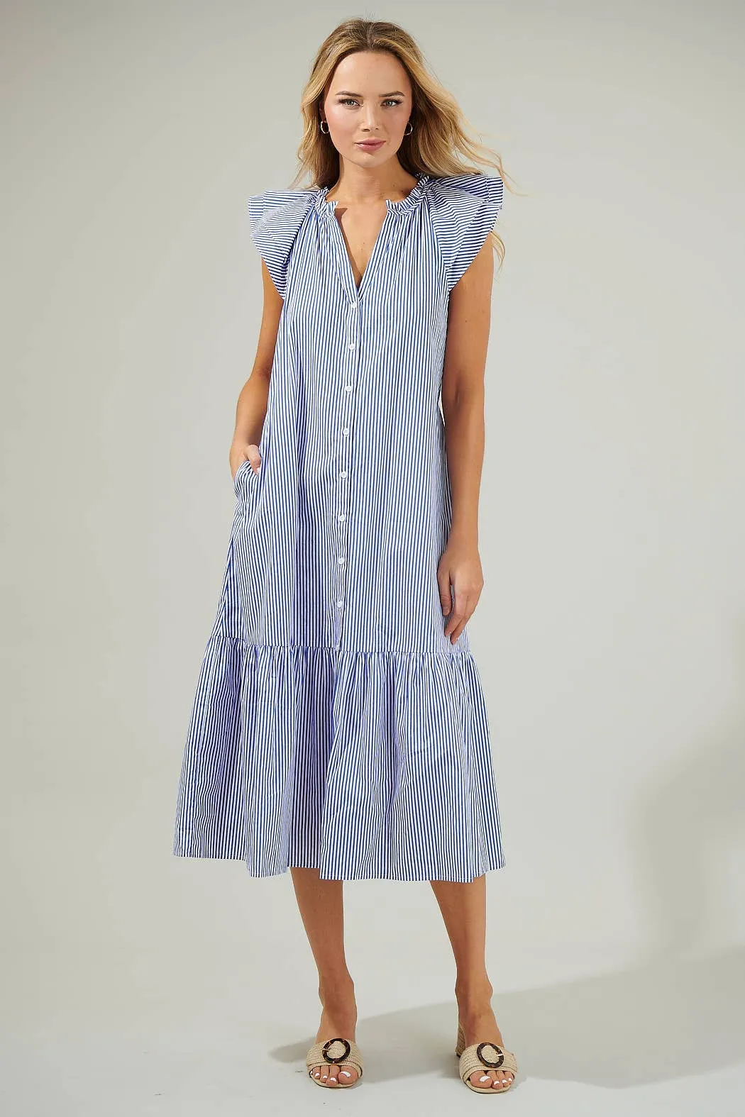 *PREORDER*Dynamite Stripped Button Midi Dress: Blue & White
