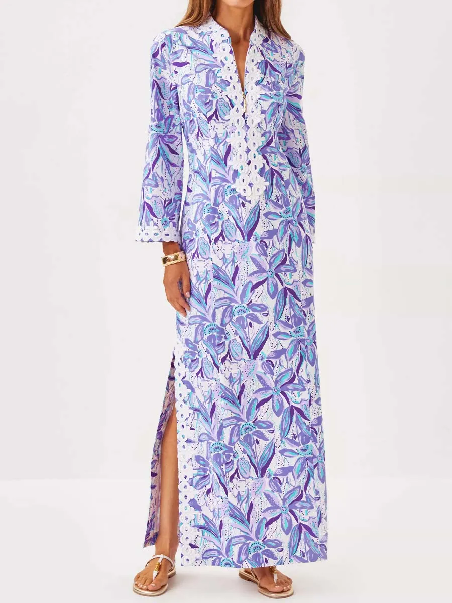 Printed Slit Hem Lace Maxi Dress