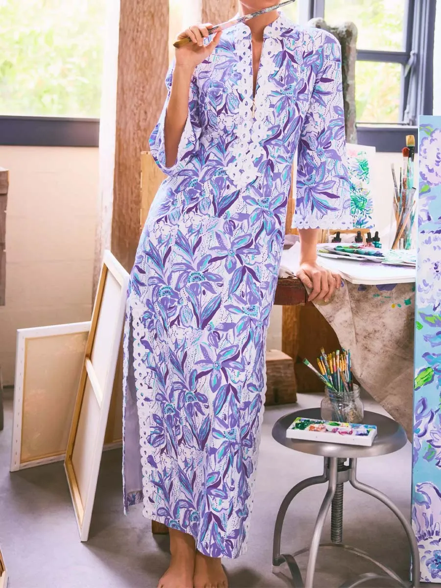 Printed Slit Hem Lace Maxi Dress