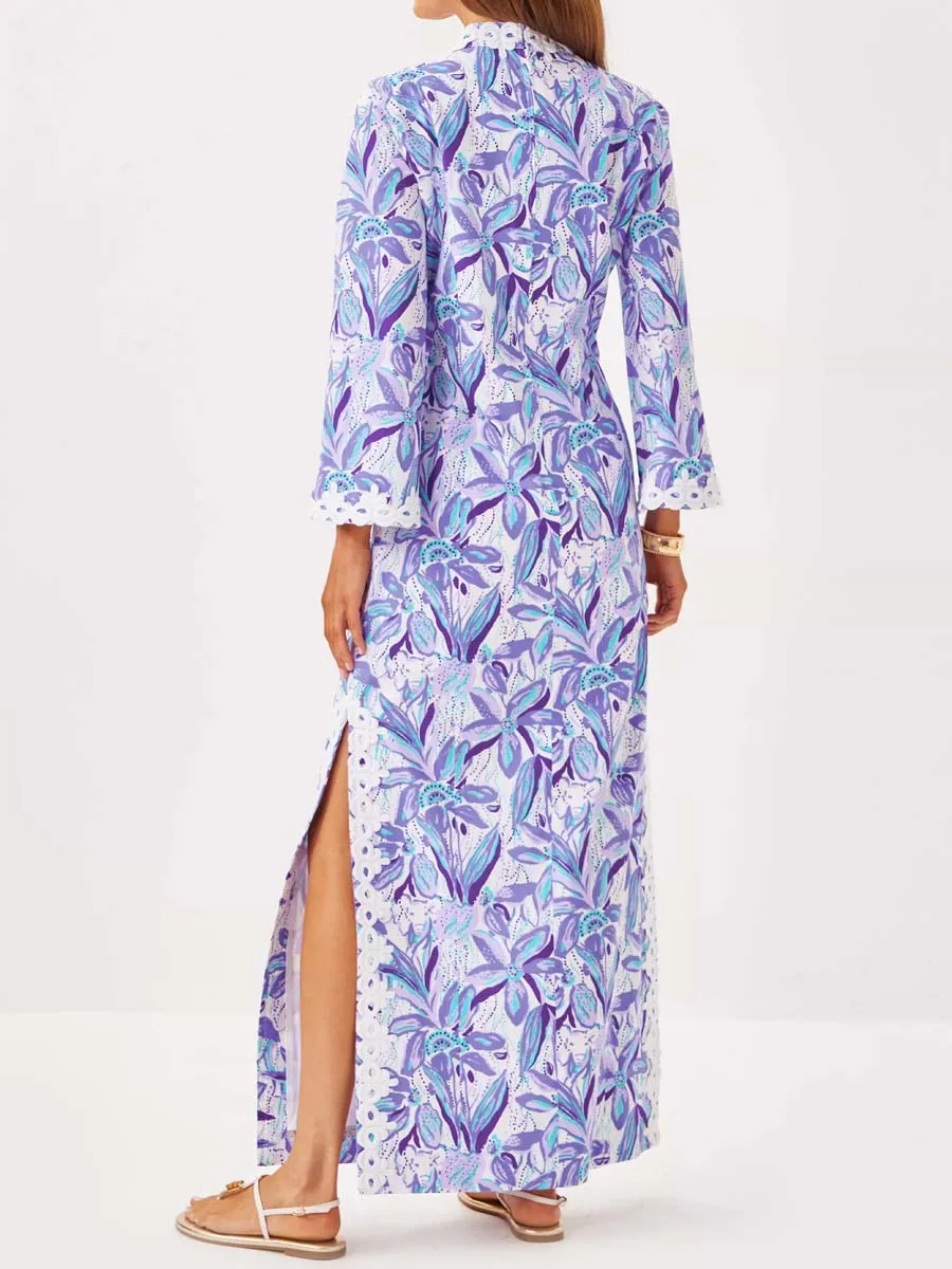 Printed Slit Hem Lace Maxi Dress