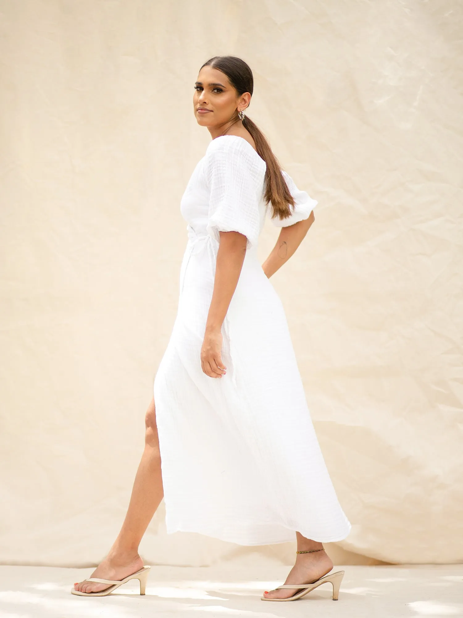 Puff Sleeve Wrap Midi Dress